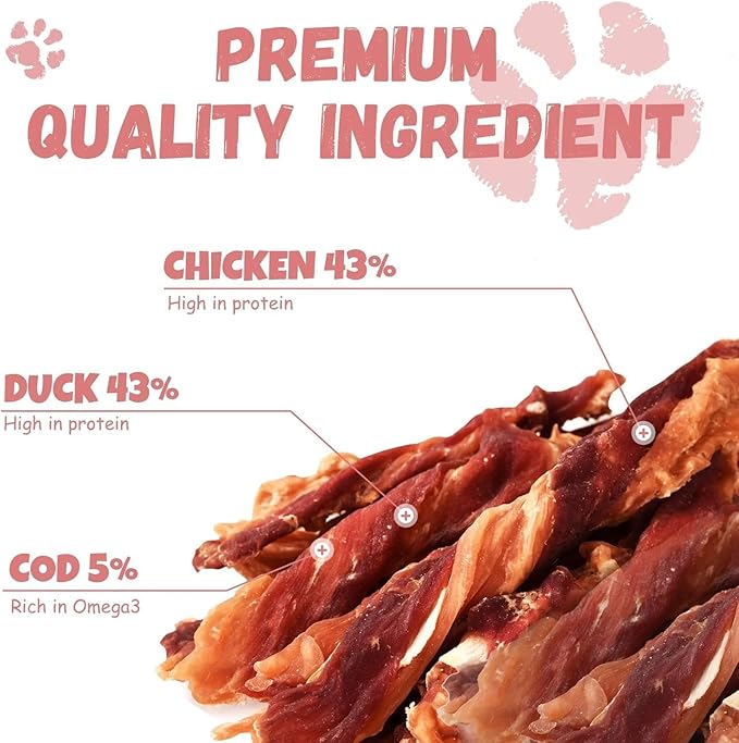 Dog Jerky Treats Triple Flavor Chicken Duck Wrapped Cod Twisted Sticks 5'', Rawhide Free Grain Free Dog Training Snacks Chews for Small Medium Large Dogs, 10.6 oz-PawvioPets