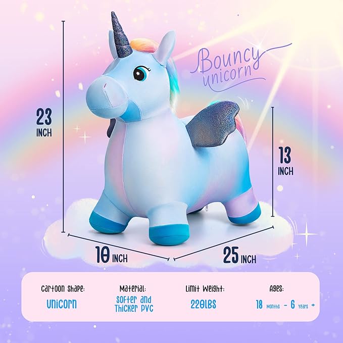 EVERICH TOY Unicorn Bouncy Horses Inflatable Plush Hopping Toy Bouncing Hopper Animals for Toddlers,Outdoor&Indoor Bouncy Animals for Toddlers,Gift for 18 Months 2 3 4 Year Old (W/Pump)-PawvioPets