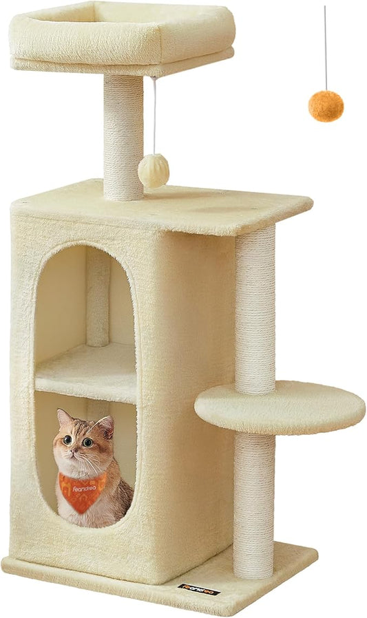 Feandrea Cat Tree Tower with 2 Caves for Multi-Cat Households, Kittens, Scratching Posts, Sand Beige UPCT005Y01-PawvioPets