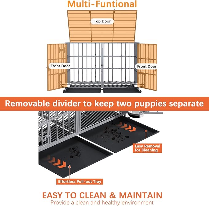 aboxoo 42/48 inch Heavy Duty Metal Dog Crate for 2 Dogs/Large Dog,All Metal Open Top,Dog Kennel Indoor with Wheels,Floor Grid, Tray, Divider and Feeding Bowl (Sliver)-PawvioPets