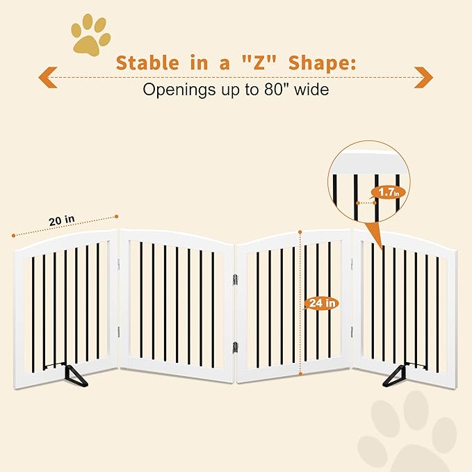 Freestanding Pet Gate for Dogs, Foldable Wooden Dog Gate for House, Indoor Dog Gate for Stair, Doorway, Gates for Dogs Indoor, 80 Inch Wide, 4 Panels 24",White-PawvioPets