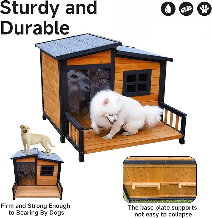 GARWOOD Large Outdoor Indoor Wooden Dog House for Small Large Dog Kennel Wood Sturdy Pet Puppy Warm Home with Durable Weatherproof Asphalt Roof Insulated Elevated Floor Outside Shelter Brown 39x37x30“-PawvioPets