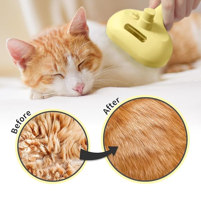 3 In 1 Steamy Brush with Release Button and Tank, Anti-Static Pet Brush for Long and Short Hair Pets to Remove Tangles and Loose Fur (Yellow)-PawvioPets