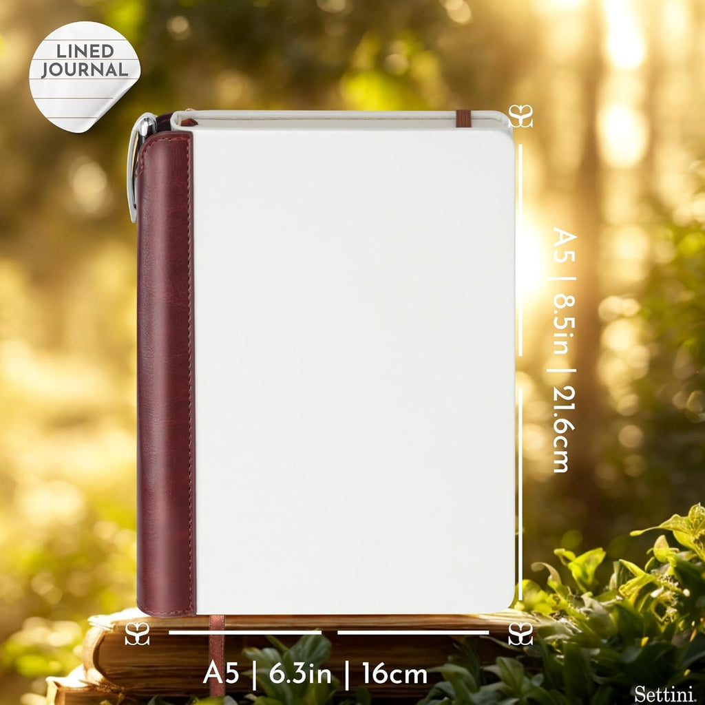 SETTINI® Lined Journal - Modern White Journal for Writing Gift Set - Hardcover Vegan Leather, Includes Luxury Pen in a Unique Pen Holder, 192 Pages, 6 x 8.5 inches, Birthday Gift