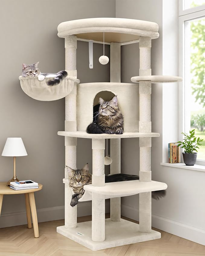 Globlazer Corner Cat Tree Tower with Scratching Post for Indoor Cats, 51in Plush Multi-Level Cat Tower with Large Hammock, Fan-Shaped Padded Perch, Spacious Cat Condo, Hanging Basket, C51, Light Beige-PawvioPets