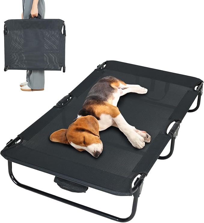 Elevated Dog Bed for Large Pet with No-Slip Feet, Foldable Portable Washable Raised Bed for Indoor&Outdoor Camping Dog Cot, with Cooling Waterproof Breathable Mesh (Medium, Black-Textilene)-PawvioPets