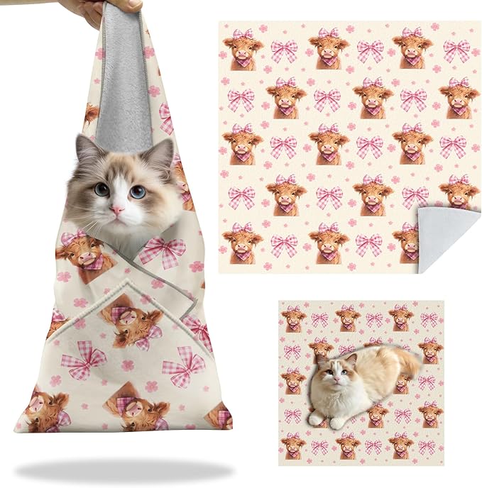 27.6" Cat Grooming Wrap, Self Adhesive Cat Wrap for Cutting Nails, Anti-Escape Calming Cat Swaddle Wrap for Medicine Ear Cleaning, Cow Anti-Scratch Cats Burrito Restraint Blanket, Practical Pet Tool-PawvioPets