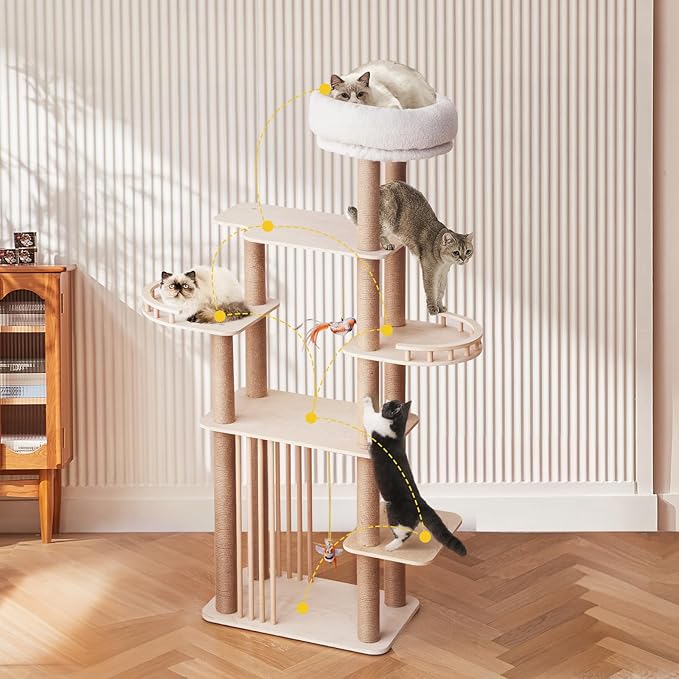 68" Large Cat Tree, Solid Wood Multi-Level Cat Tower with Scratching Posts, Fun Toys, and Washable Plush Platform for Indoor Cats-PawvioPets