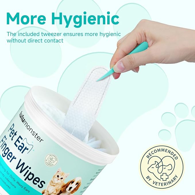Ear Cleaner Finger Wipes for Dog & Cat [Finger Casing Design][Pet Ear Wipes with Tweezers] for Controlling Ear Infections and Ear Odor Reduce ear wax buildup Natural Ingredients Dog Ear Wipes-PawvioPets