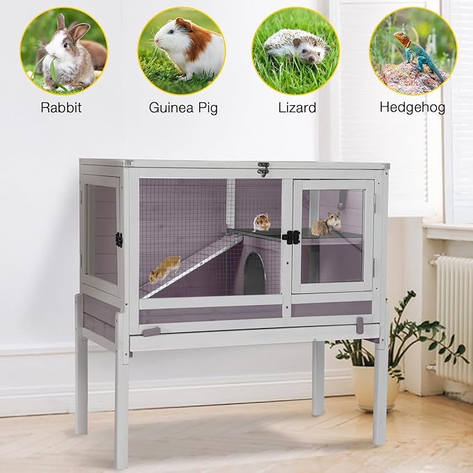 Aivituvin Wooden Guinea Pig Cages Indoor with Removable Stand, Anti Chewing Rabbit Hutch with Ramp and Wire Mesh, 2 Story Small Animals House Habitat with Pull Out Tray (Gray&Purple)-PawvioPets