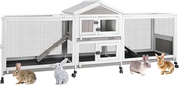 2-Tier Rabbit Hutch with Wheels, Indoor & Outdoor Small Animal Cage with Deep Pull-Out Tray, Anti-Chew Frame, Habitat for Bunny, Guinea Pig, Chinchilla (93" L x 19" W x 35" H)-PawvioPets