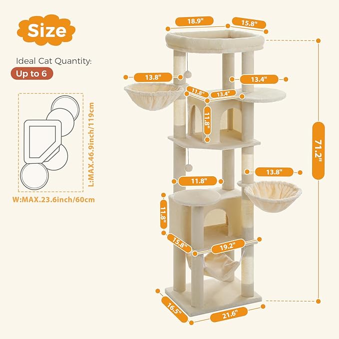 71.2" Tall Cat Tree for Indoor Cats - 9-Level Multi-Cat Tower w/5 Sisal Scratching Posts, 2 Condos, 3 Hammocks, Perch & Pom Poms - Heavy-Duty for Adult Cats, Space-Saving Plush Beige-PawvioPets