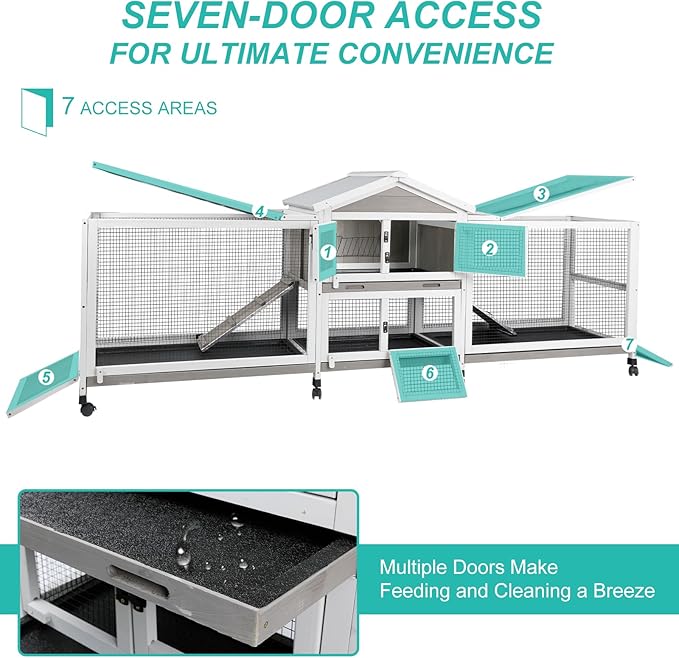 2-Tier Rabbit Hutch with Wheels, Indoor & Outdoor Small Animal Cage with Deep Pull-Out Tray, Anti-Chew Frame, Habitat for Bunny, Guinea Pig, Chinchilla (93" L x 19" W x 35" H)-PawvioPets