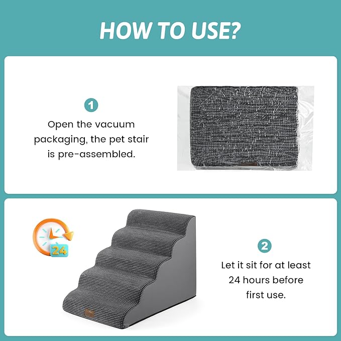 Extra Wide Dog Stairs 19.7" Width, Large Pet Step for Small Medium Dog, Puppy or Cat, Ramp for High Bed or Car, High Density Foam Ladder, Stable, 5 Step, 19.7x33x22.4 in, Dark Grey-PawvioPets