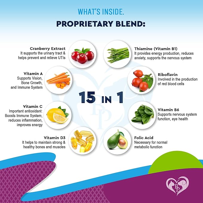 Cat & Dog Multivitamin Liquid with Glucosamine & Cranberry | 15 in 1 Health Supplements for Urinary Tract Kidney, Bladder, Hip & Joint, Skin & Coat | Natural UTI Medicine Made in USA (60 ml)-PawvioPets