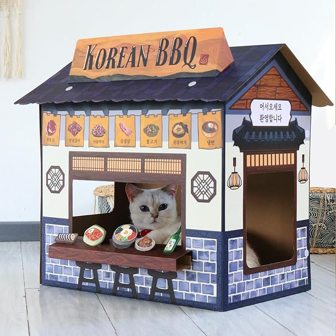 Cat Beds for Indoor Cats, Cardboard Cat House with Scratchers, Korean BBQ, Large Sturdy Cat Furniture Condo Cave Tent, Easy to Assemble Pet Toys Accessories Stuffs, Bunny Small Animals-PawvioPets