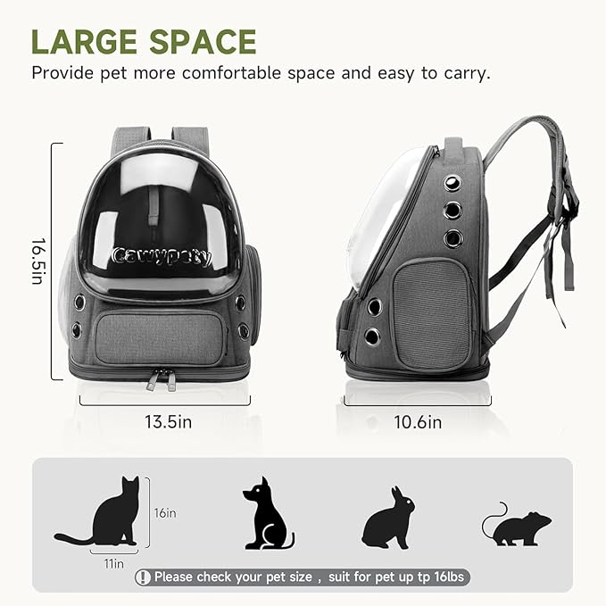 Cat Backpack Carrier, Breathable Cat Carrier Large Space Bubble Pet Backpack for Kitty Small Dog up to 12lbs, Transparent & Foldable Pet Carrier for Travel Hiking-PawvioPets