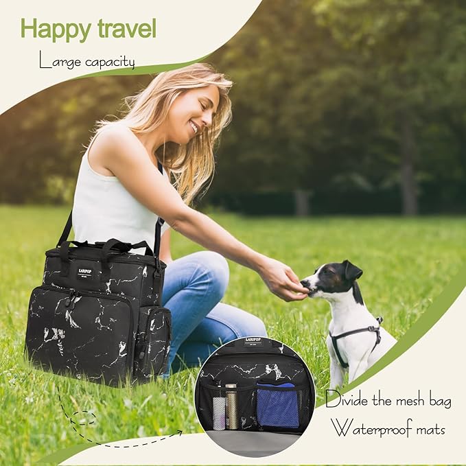 Dog Travel Bag,Weekend Pet Travel bag Set for Dog and Cat,Airline Approved Tote Multi-Function Dog Bags for Traveling,Include 2 Collapsible Bowls,2 Food Storage Containers,1 Feeding Mat,Marble-PawvioPets