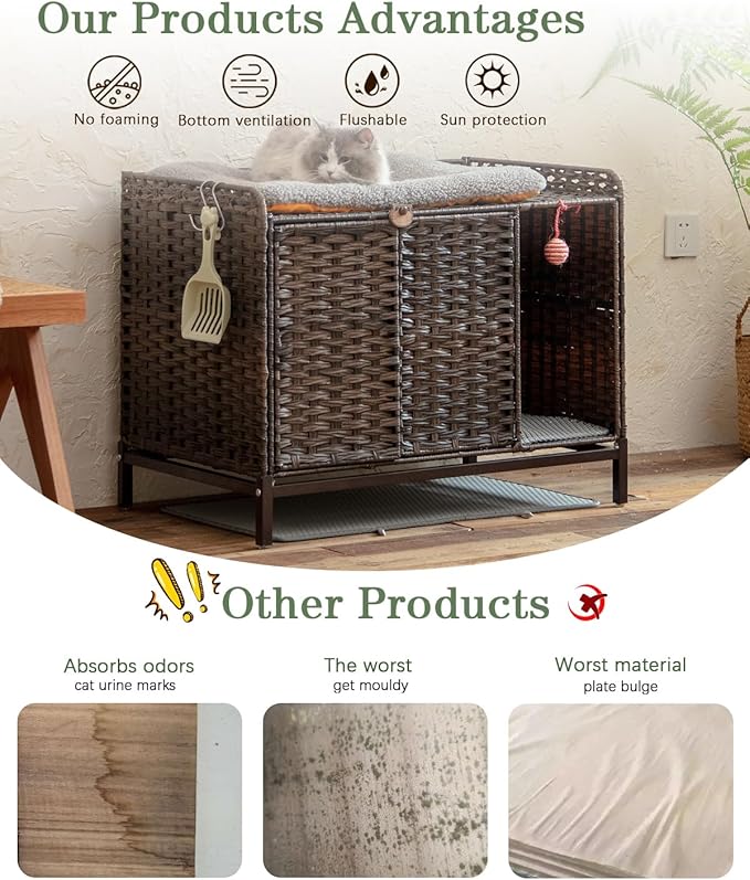 Cat Litter Box Enclosure Furniture with Divider, Handwoven Rattan Litter Box with Mat, 31.2 x 19.6 x 24.2 Inches, Metal Heightened Feet, Hidden Cat House for Living Room, Bedroom (Brown)-PawvioPets
