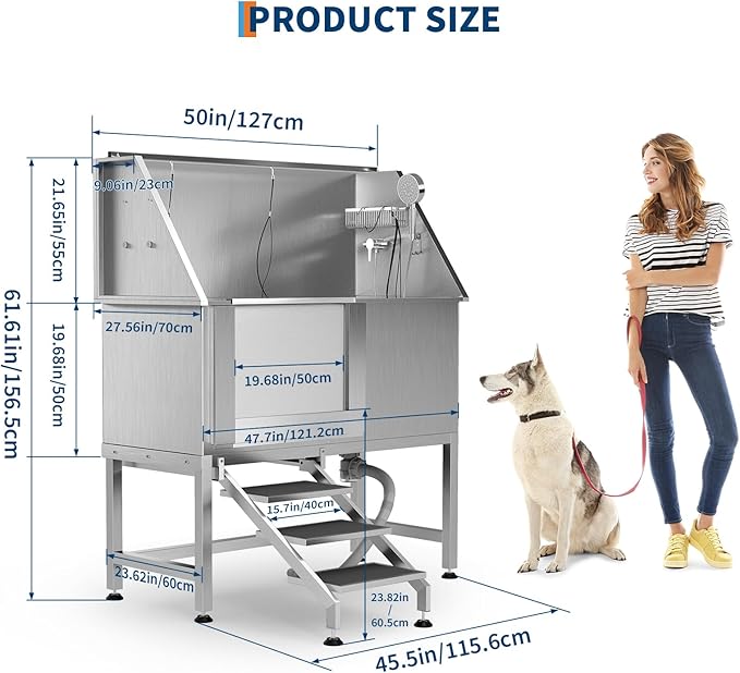 50" Stainless Steel Professional Dog Washing Station - Pet Bathing Tub w/Non-Slip Stairs | Slip-Resistant Floor Grate | for Large/Medium/Small Dogs-PawvioPets