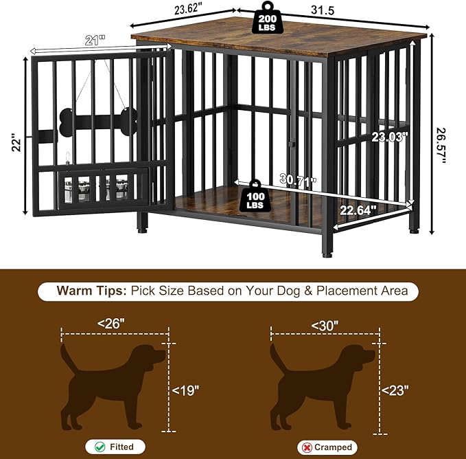 Easycom 31" Dog Crate Furniture Foldable, No Assembly Decorative Dog Kennel Indoor, Dog Crates for Small Dogs (20-40 lbs), Wooden Dog Cage with Adjustable Bowls and Name Tag, End Table, Rustic Brown-PawvioPets