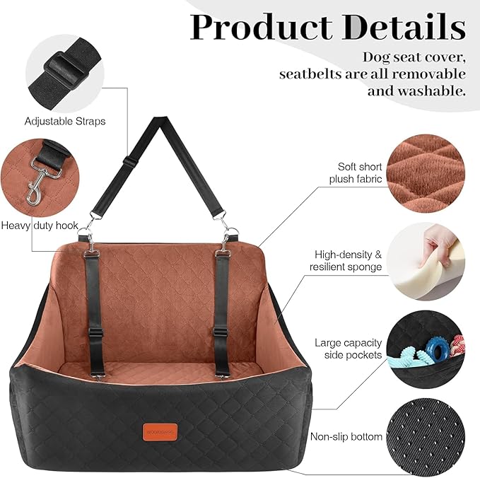 Dog Car Seat for Medium & Large Dogs Up to 55lbs, Memory Foam Cushion, Washable Cover, Safety Straps & Non-Slip Bottom(Black/Brown,Large)-PawvioPets