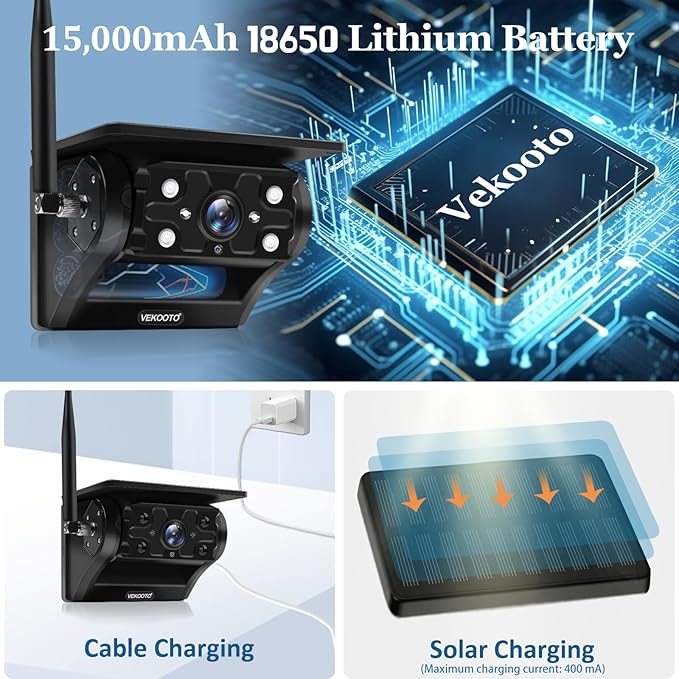 2 Magnetic Solar Wireless Backup Camera with 7'' IPS Touchscreen, 15,000mAh Rechargeable, Auto Sleep, No Wiring, 1080P Night Vision Wireless Backup Camera for Trucks, RV, Trailer, Camper VEKOOTO VK7-2-PawvioPets