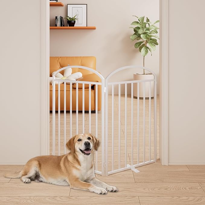2 Panles Full Matel Freestanding Dog Gates with Door, 48"Extra Wide 36"Tall Free Standing Dog Pet Gate for Indoor & Outdoor. Foldable Pet Fences for Doorways, House, Stairs, Porch, Deck, Yard-PawvioPets