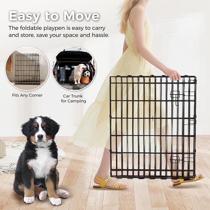 Foldable Dog Playpen 48" Height 8 Panels Metal Exercise Pen with Door - Indoor/Outdoor Dog Play Pen for Medium-Large Dogs, Portable Pet Fence for Yard Garden Camping, Black-PawvioPets