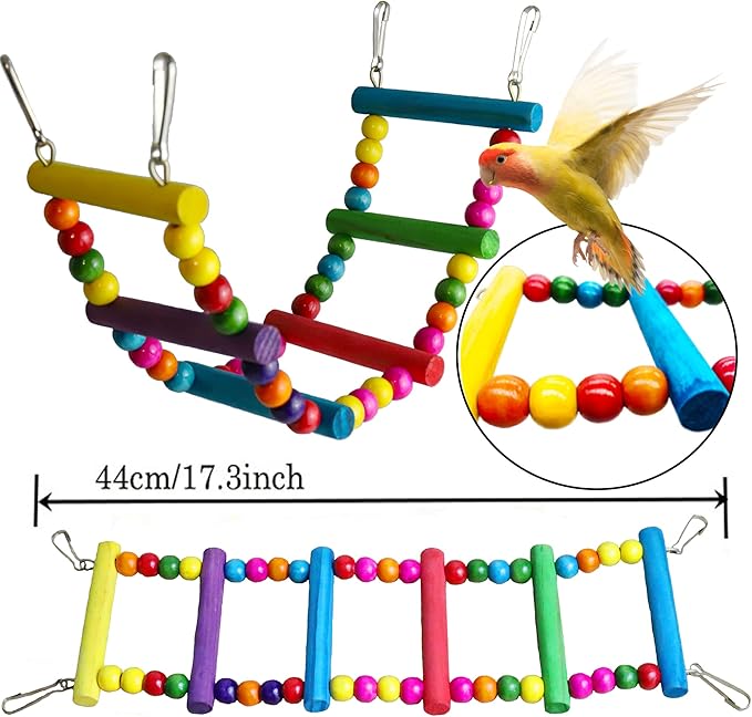Bird Parakeet Cockatiel Toys, ESRISE Parrots Cage Hammock Swing Climbing Ladders Wooden Perch Chewing Toy for Budgerigar, Conures, Love Birds, Budgies-PawvioPets