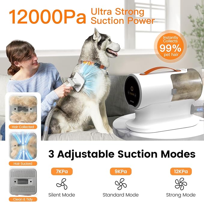 AIRROBO Dog Grooming Vacuum, Dog Grooming Kit,12000Pa Strong Pet Vacuum, 2L Large Capacity Vacuum for Shedding Grooming Hair, Quiet,PG100-PawvioPets