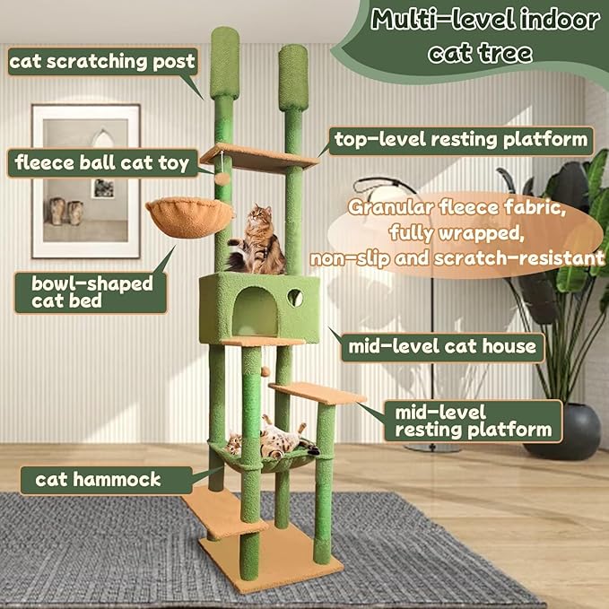 96.5"-108" Cat Tree Floor to Ceiling 7-Tier Cat Tower Adjustable Height with Scratching Posts, Cozy Hammock, Cat Condo for Indoor Cats(Green)-PawvioPets