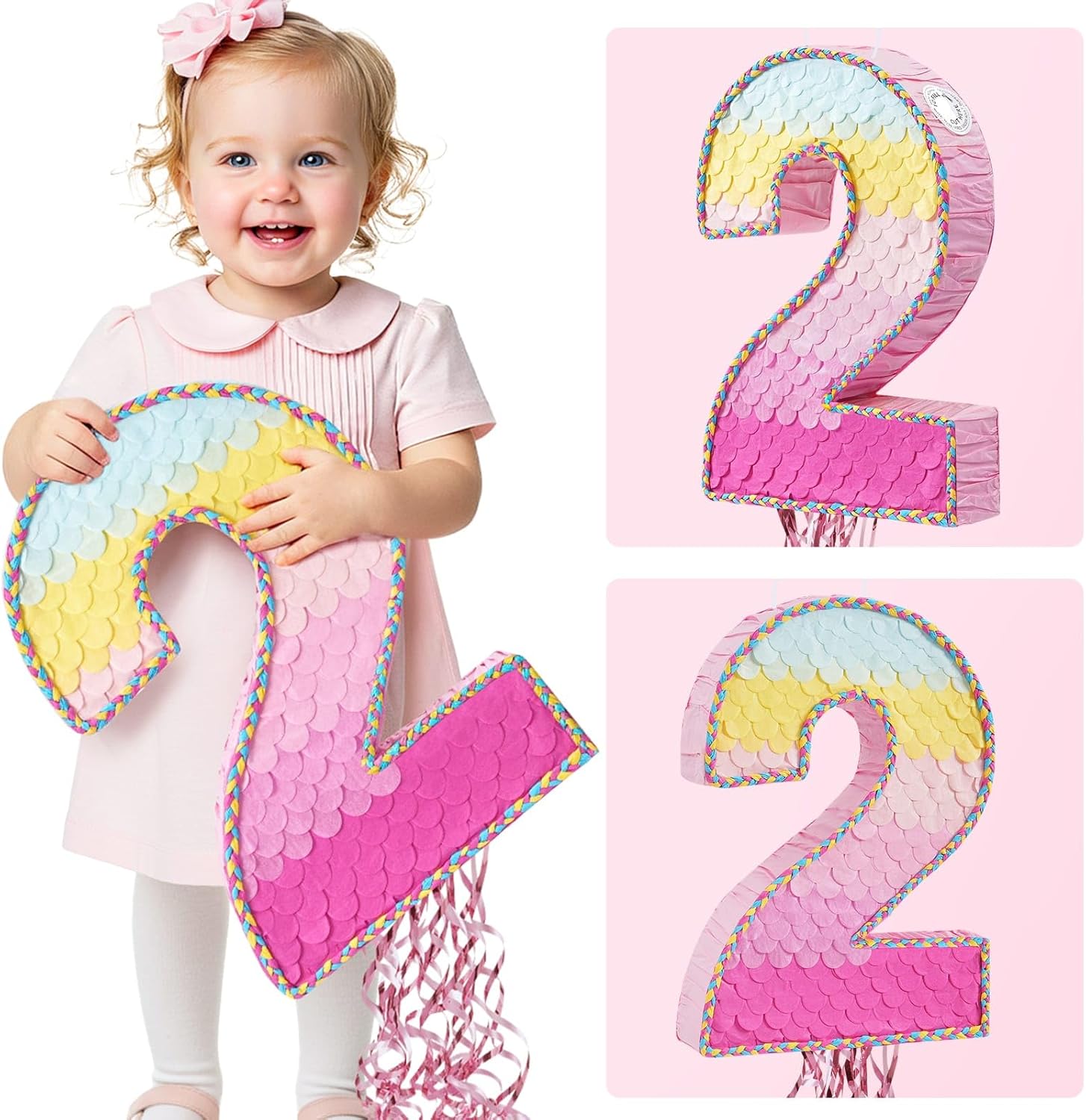 WERNNSAI Pink Sweet Two Pinata - Number 2 Pinata Happy Birthday Decoration Pink Rainbow Design Party Games for Girl Princess Baby Shower Party Favor with Blindfold Anniversary Celebration Supplies