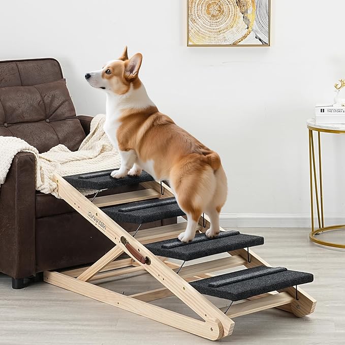 2025 Upgraded Dog Steps for Bed & Couch - 2-in-1 Dog Stairs/Ramp for Small to Large Breeds - 45.3" Long Adjustable 14"-26" Up to 200LBS - Folding Portable Wooden Pet Stairs for high Bed Couch Car-PawvioPets