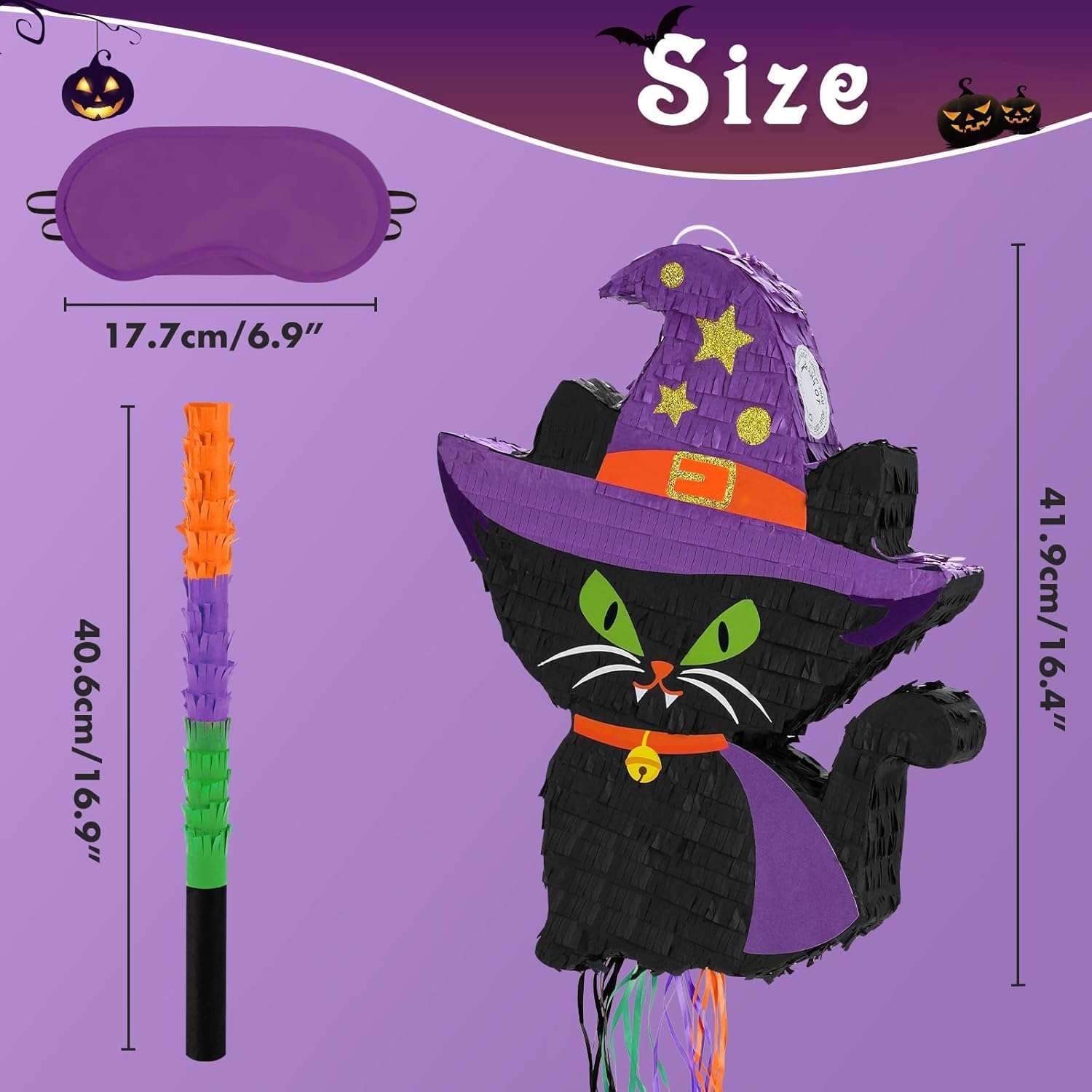WERNNSAI Halloween Cat Pinata - Halloween Party Decorations Black Cat Pinata Witch Hat for Kids Hallows Eve Birthday Theme Party Games Supplieswith Stick & Blindfold