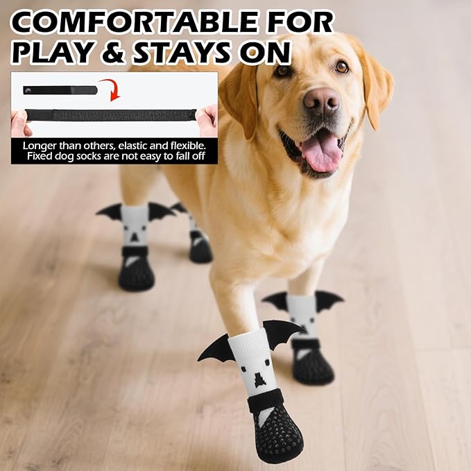 EXPAWLORER Halloween Anti Slip Dog Socks to Prevent Licking Paws, Boots & Paw Protectors with Grippers,Doggie Booties for Hardwood Floors for Small Medium Large Senior Dogs Costume White Ghost Wings M-PawvioPets