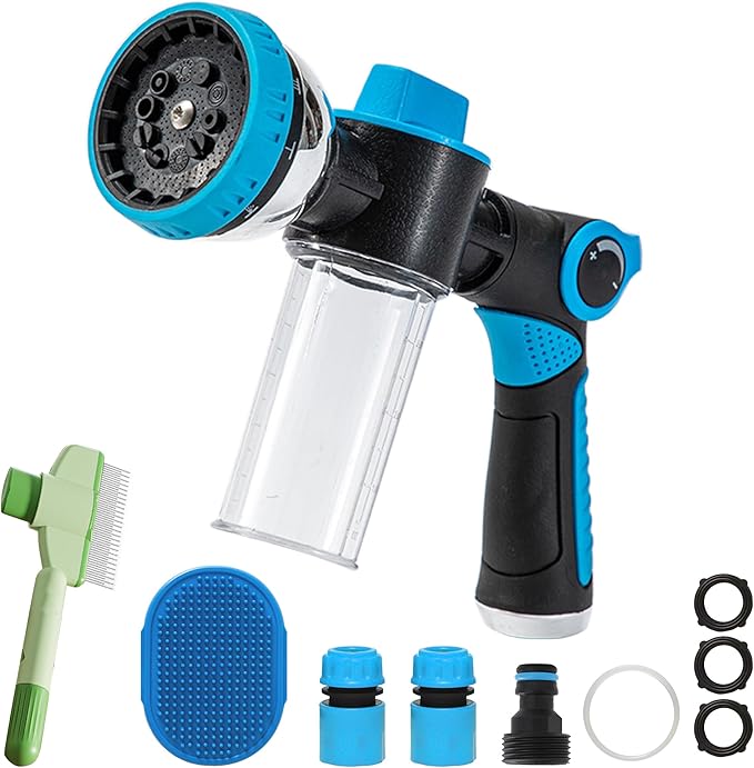 Dog Wash Hose Attachment, 10-in-1 Spray Mode Pet Shower Soap Sprayer with Grooming Comb Rubber Brush, Hose Nozzle with 100cc Soap Dispenser, for Watering, Car Wash, Dog and Horse Showering (Blue)-PawvioPets