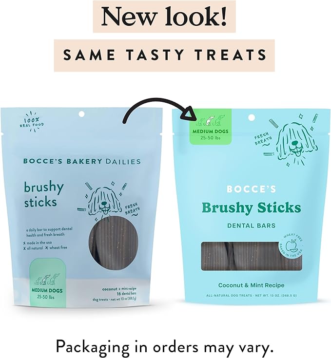 Bocce's Bakery Dailies Brushy Sticks to Support Oral Health & Fresh Breath, Wheat-Free Dental Bars for Dogs, Made with Real Ingredients, Baked in The USA, All-Natural Coconut & Mint, Medium Dogs-PawvioPets