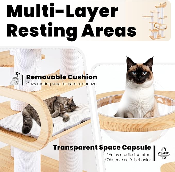 74.8" Modern Cat Tree for Indoor Cats, Tall Wood Cat Tower with Scratching Post, Heavy Duty Luxury Condo with Removable Mats, Multi-Level Cat Furniture for Cats-PawvioPets