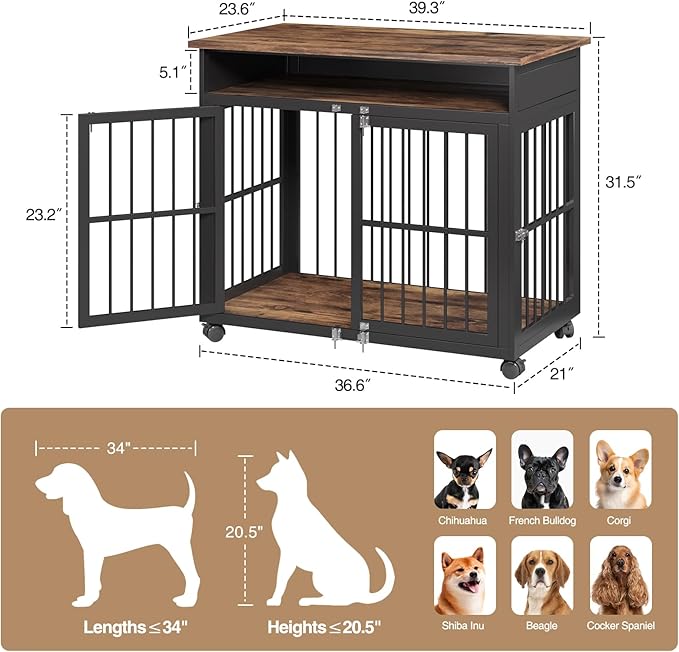 39.4" Dog Crate Furniture for Medium and Large Breed, Dog Kennel Furniture with Storage Shelf & Lockable Wheels, Heavy Duty Wooden End Side Table Pet Cage Indoor, Chew-Resistant, Brown-PawvioPets