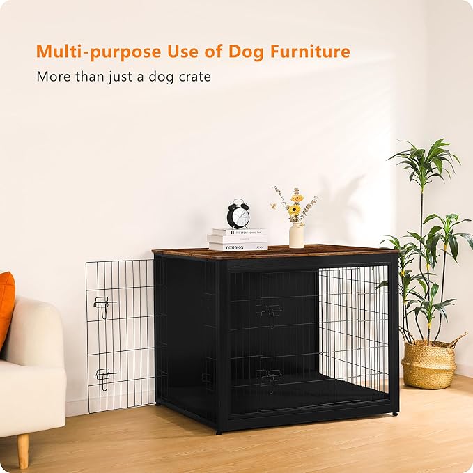 DWANTON Dog Crate Furniture with Cushion, Wooden Kennel Table with Double Doors, Indoor Dog House, Extra Large Size, 43.3" L, Black+Rustic Brown-PawvioPets