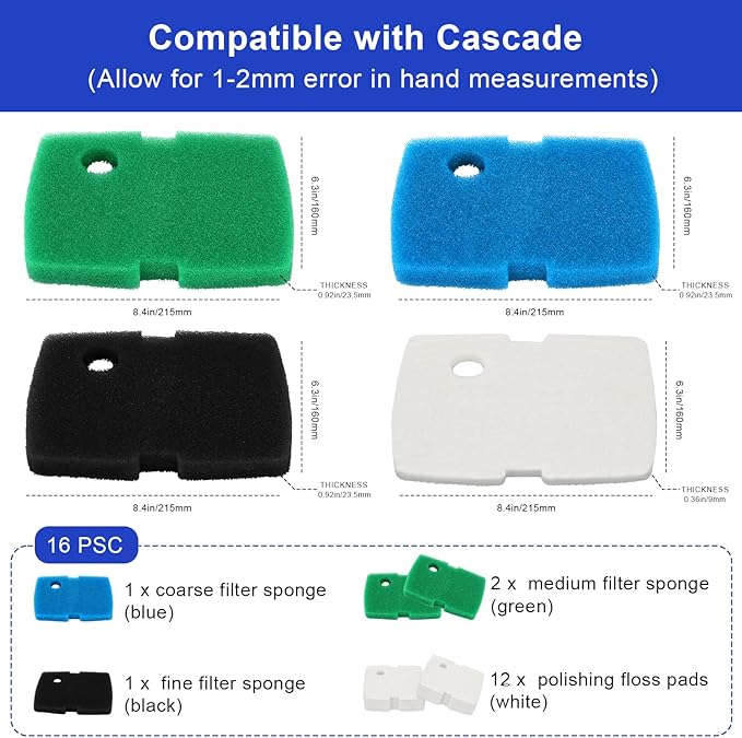 16 PCS Replacement Canister Filter Pad Compatible with Pennplax Cascade 1200/1500 CCF4UL/CCF5UL, Aquarium Sponge Media Parts Canister Filter Floss Pads for Fish Tank-PawvioPets