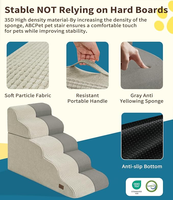 Dog Step for Bed, Dog Stair 5-Step 35D Pet Stair 19.7" H for High Bed or Sofa Non-Slip Balanced Pet Step Indoor, Beige-PawvioPets