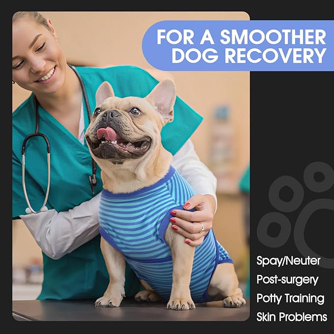 FUAMEY Recovery Suit for Dogs After Surgery,Soft Breathable Dog Bodysuit E-Collar & Cone Alternative Surgical Suit,Male Female Dog Neuter Spay Suits Anti Licking Wounds Onesie Navy Blue Strips M-PawvioPets