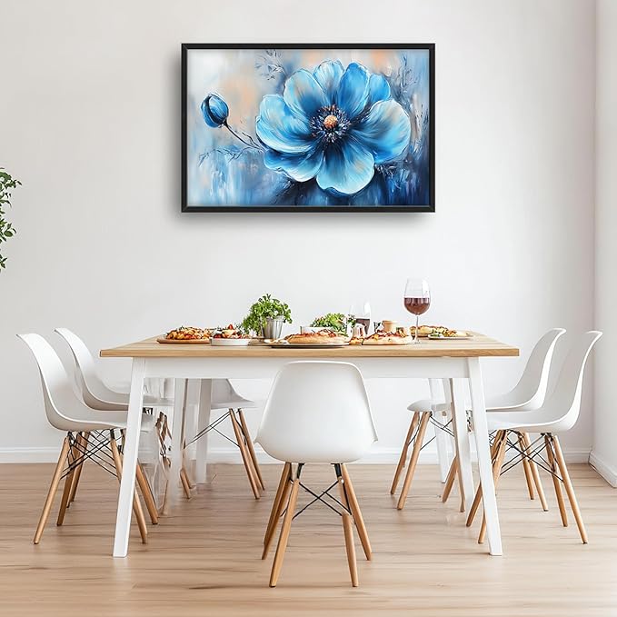 Extra Large Abstract Blue Flower Framed Wall Art for Living Room,Oversized Elegant Floral Pictures Wall Decor,Canvas Print Painting Modern Artwork Bedroom Office Bathroom 36L" x 24W"-PawvioPets