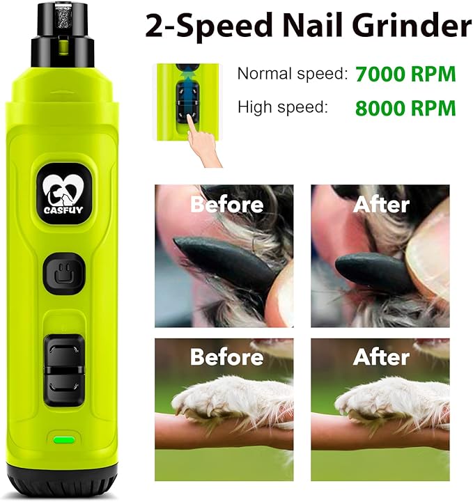 Casfuy Dog Nail Grinder with 2 LED Light - New Version 2-Speed Powerful Electric Pet Nail Trimmer Professional Quiet Painless Paws Grooming & Smoothing for Small Medium Large Dogs(Green)-PawvioPets