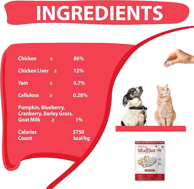 Freeze Dried Chicken Cat & Dog Waffle Treats - Made with Human Grade Chicken Breast & Liver - 5 Natural Flavors - Healthy, Tasty, Dry Food for Indoor Cats, Dogs - Inspected & Tested in USA-PawvioPets
