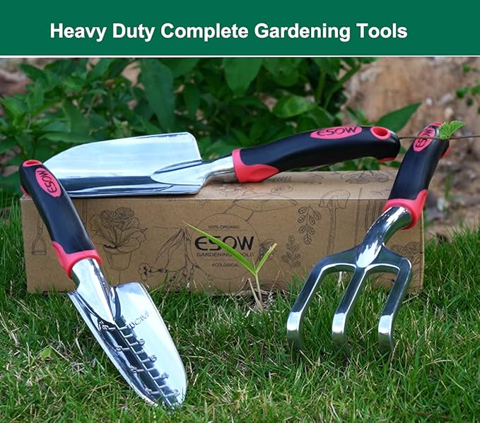 ESOW Garden Tool Set with Non-Slip Rubber Handle, 3 Piece Cast-Aluminum Heavy Duty Gardening Kit Includes Hand Trowel, Transplant Trowel and Cultivator Hand Rake, Red-PawvioPets