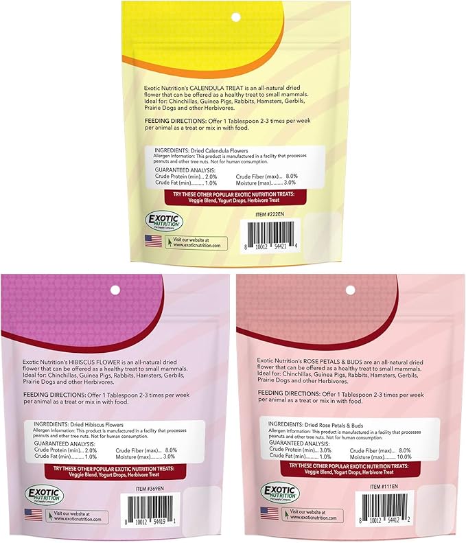 Exotic Nutrition Flower Treat 3 Pack - Healthy Assortment - Hibiscus, Calendula, Rose - for Squirrels, Guinea Pigs, Rabbits, Chinchillas, Prairie Dogs, Degus, Hamster, Gerbils, & Other Herbivores-PawvioPets