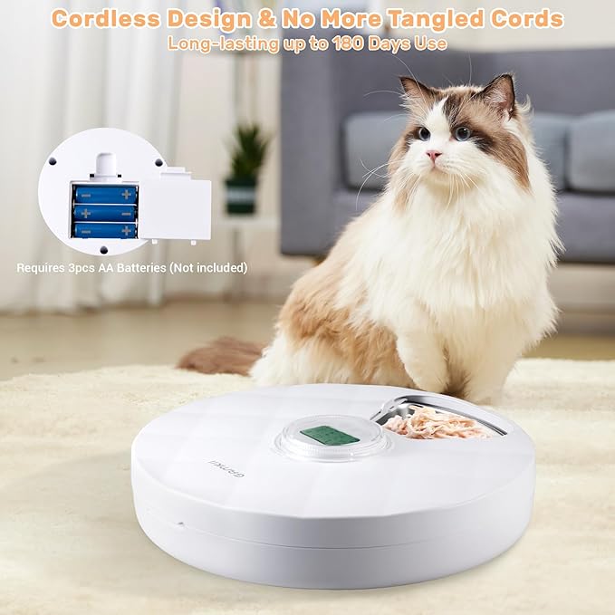 Automatic Cat Feeder Wet Food, Battery Operated Auto Feeder with 2 Ice Packs, Digital Cordless Pet Fresh Food Bowl with Timer and Memory Function for Cats Small Dogs (6-Meal Stainless Steel)-PawvioPets